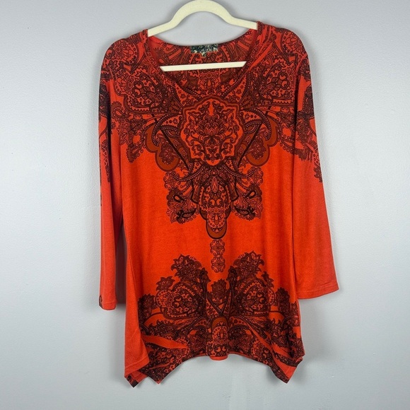 Domani Casual Stylish Cotton Blend Orange & Black Mandala Inspired Boho Top L - Picture 2 of 11